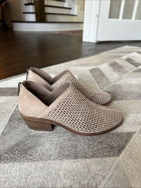 Vince Camuto Taupe Perforated Suede Mules